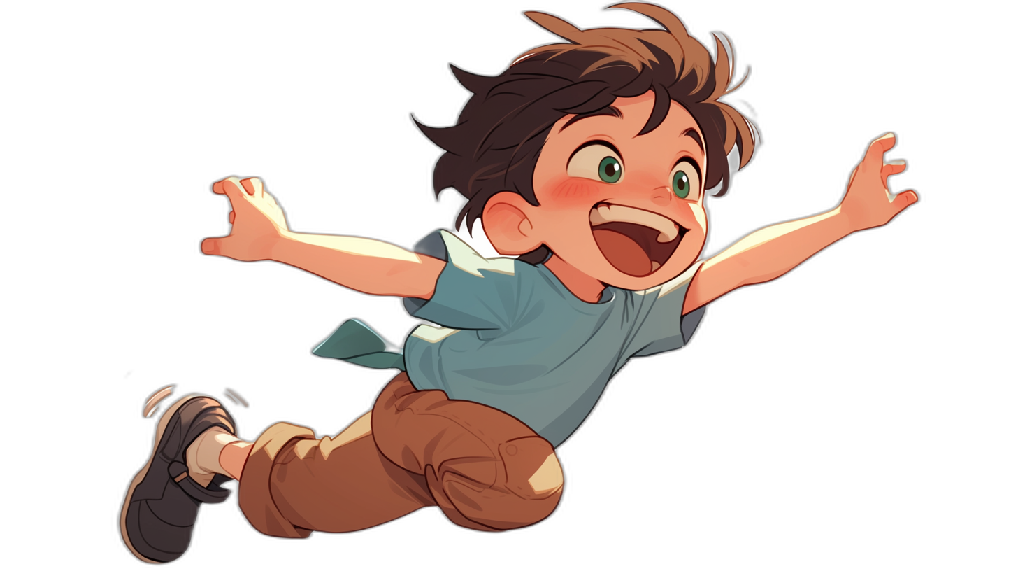 A cute boy with brown hair and green eyes is jumping with joy in the style of [Studio Ghibli](https://goo.gl/search?artist%20Studio%20Ghibli). He has short black pants and a blue t-shirt on. Black background. In an anime-inspired digital art illustration.