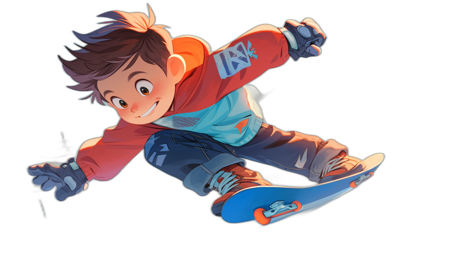 A cartoon boy is flying on his skateboard in the style of Disney, with a character design reminiscent of their style, full body portrait concept art in the styles of [Artgerm](https://goo.gl/search?artist%20Artgerm) and [Atey Ghailan](https://goo.gl/search?artist%20Atey%20Ghailan), on a plain black background, celshaded concept drawing, detailed animation illustration with strong lines and lineart.