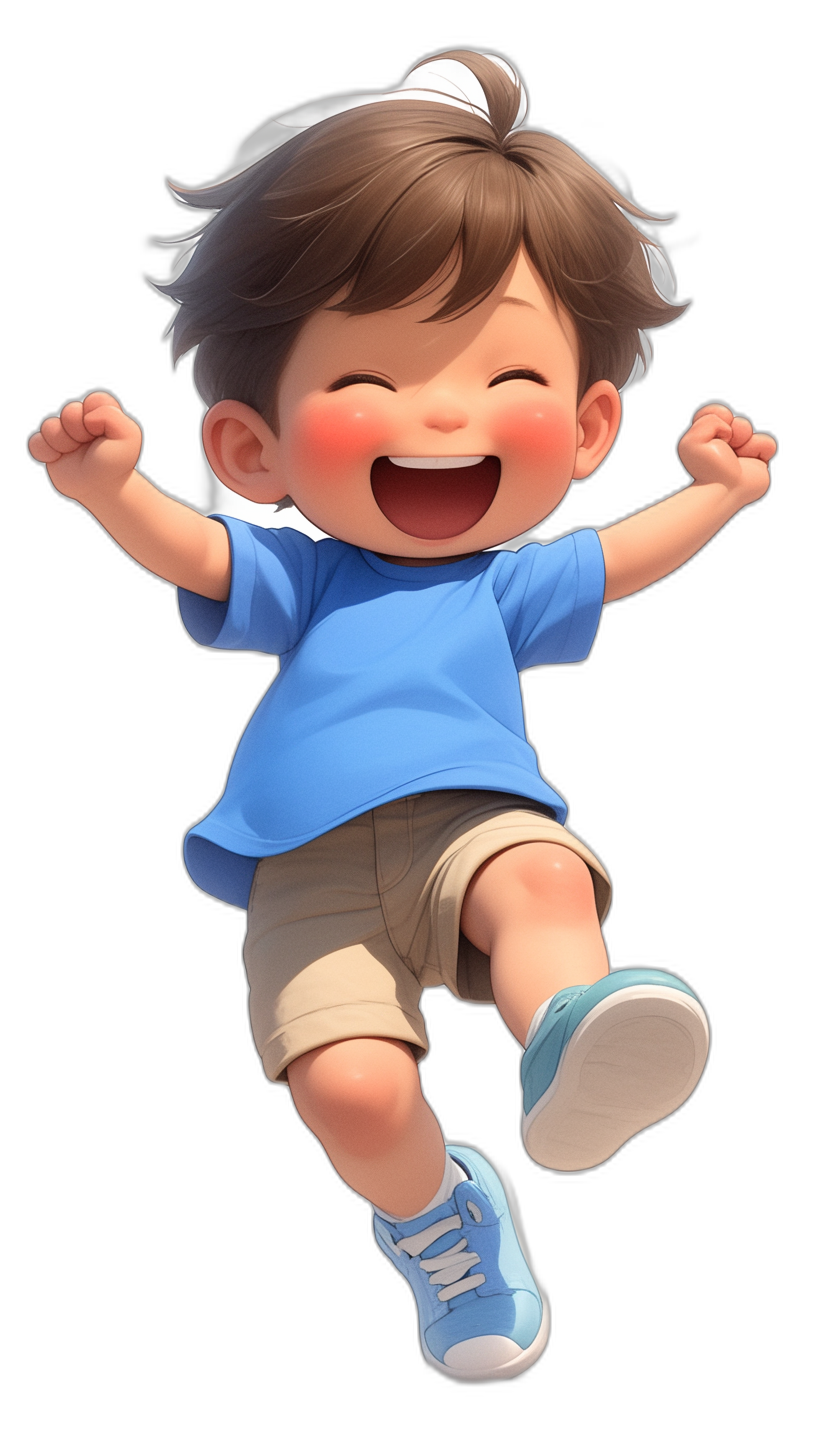 Cute cartoon boy, wearing blue short sleeves and shorts with brown hair, smiling happily jumping up in the air in the style of Disney, black background, high-definition details, full body photo of character, bright colors, lively movements, natural lighting, cute expressions.