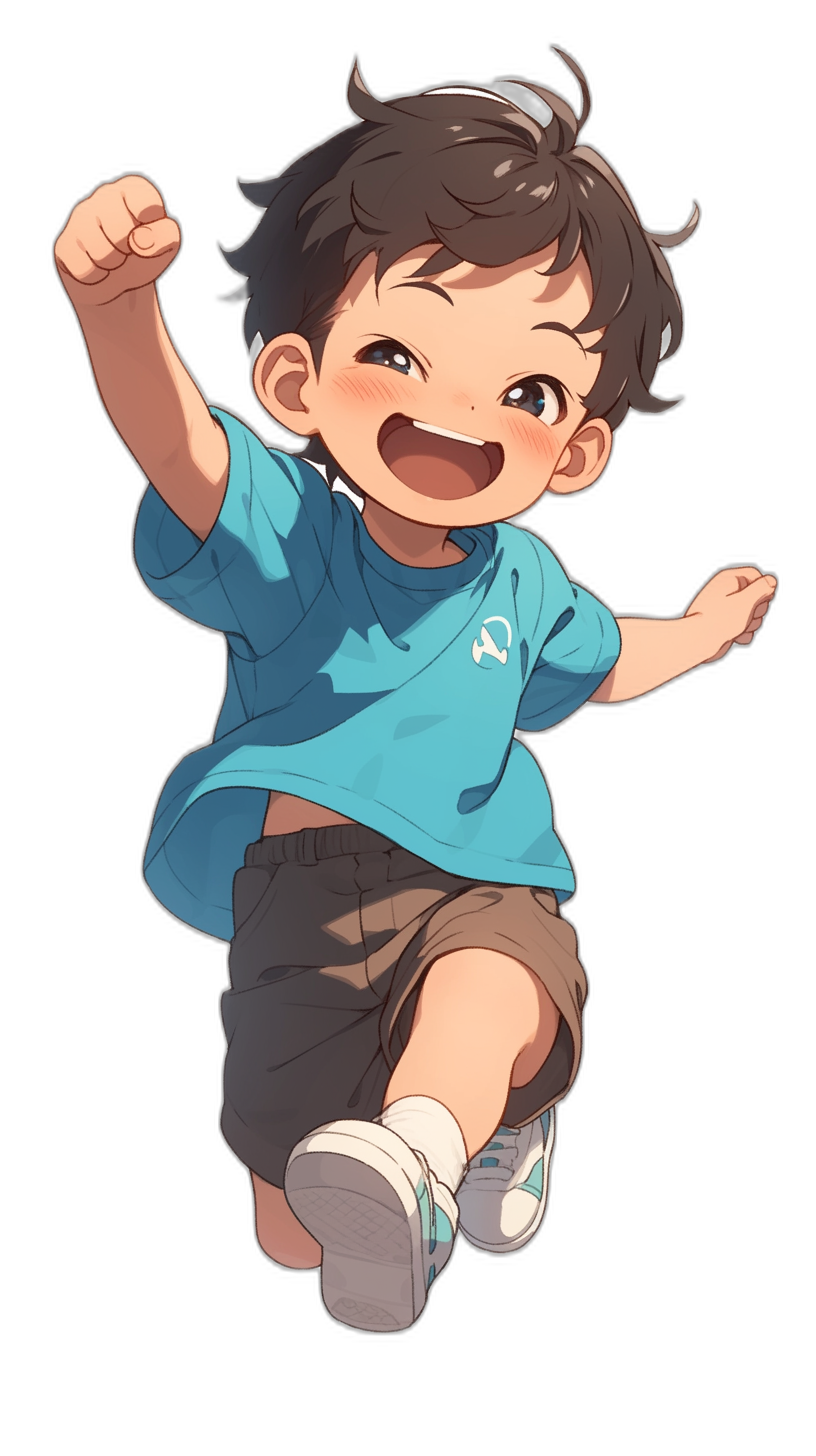 A cute little boy, jumping up with his hands raised in the air, wearing blue short sleeves and brown shorts on a black background, in an anime style, Qversion cartoon, with a happy expression, in the Japanese animation style, in the style of [Makoto Shinkai](https://goo.gl/search?artist%20Makoto%20Shinkai)’s art, with high definition details of the characters.