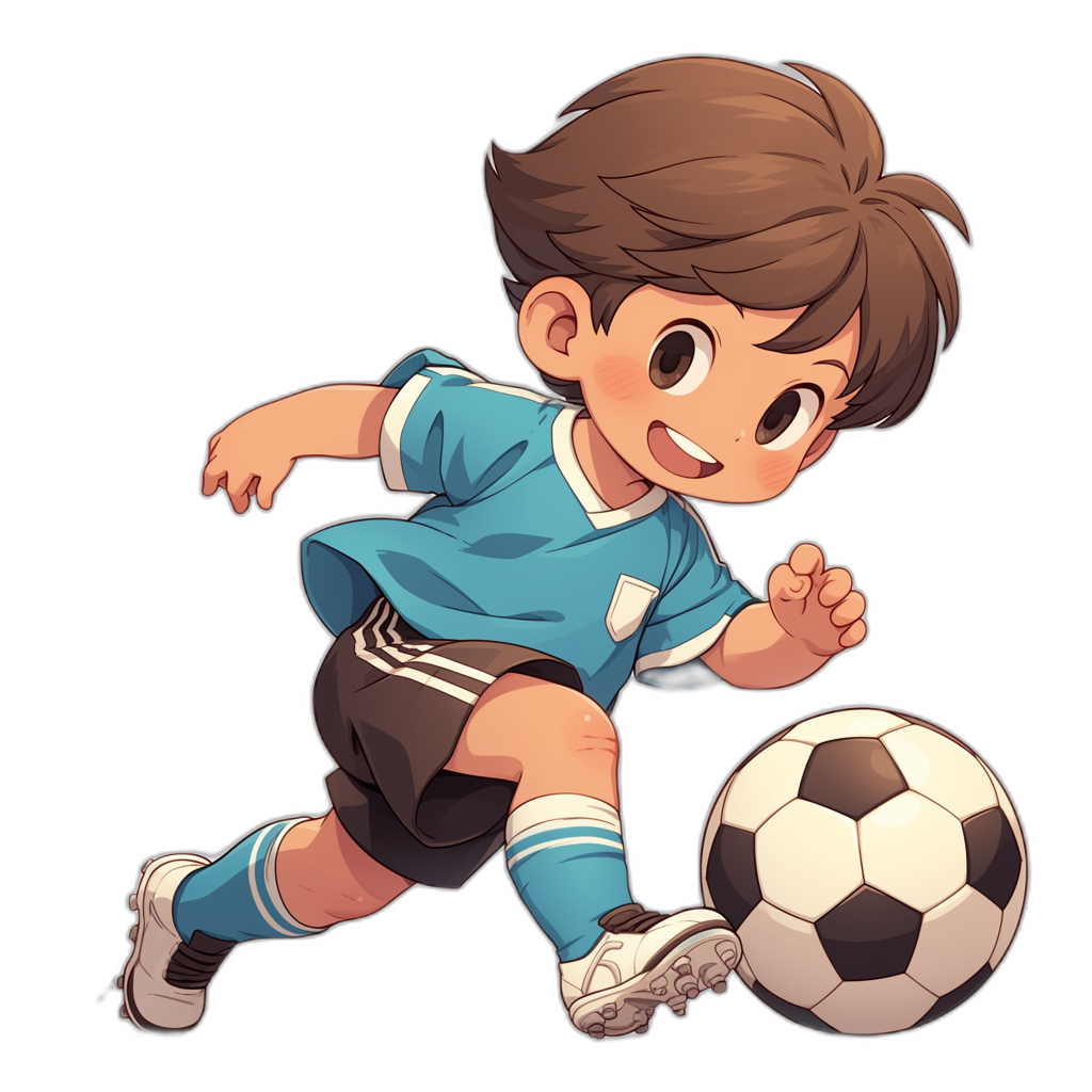 A cute cartoon boy in a blue and black soccer uniform playing football with a ball on his feet against a black background. The style is inspired in the style of the game Inazuma Eleven.