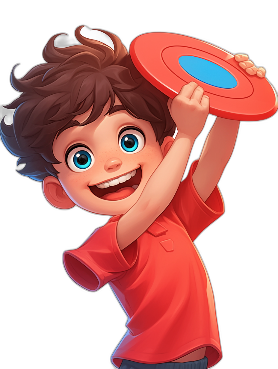 Illustration of a happy boy with brown hair and blue eyes, holding up a frisbee in a red t-shirt on a black background, in the style of Disney Pixar character design.