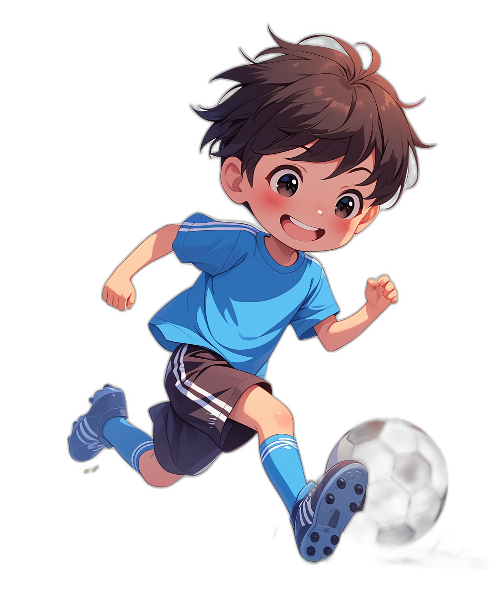 cute anime boy with dark brown hair in a blue t-shirt and black shorts, playing soccer against a black background, in the style of chibi full body shot