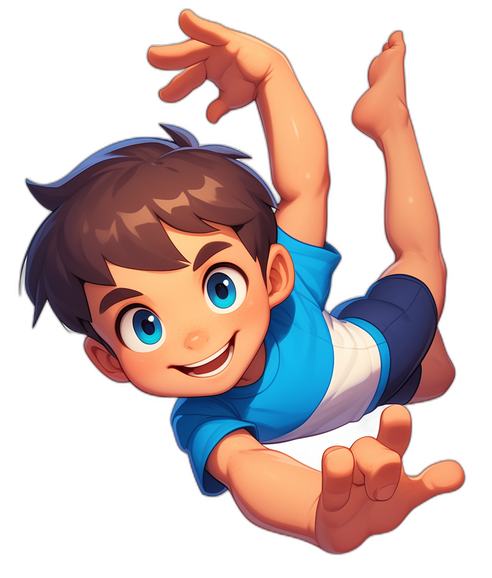 A cartoon boy with brown hair and blue eyes, wearing white shorts and a light blue t-shirt is falling down in the air on a black background, smiling happily. The art style is reminiscent of 2D games with cartoon realism and colorful animation stills. The image contains character caricatures in high resolution with a cartoon scene.