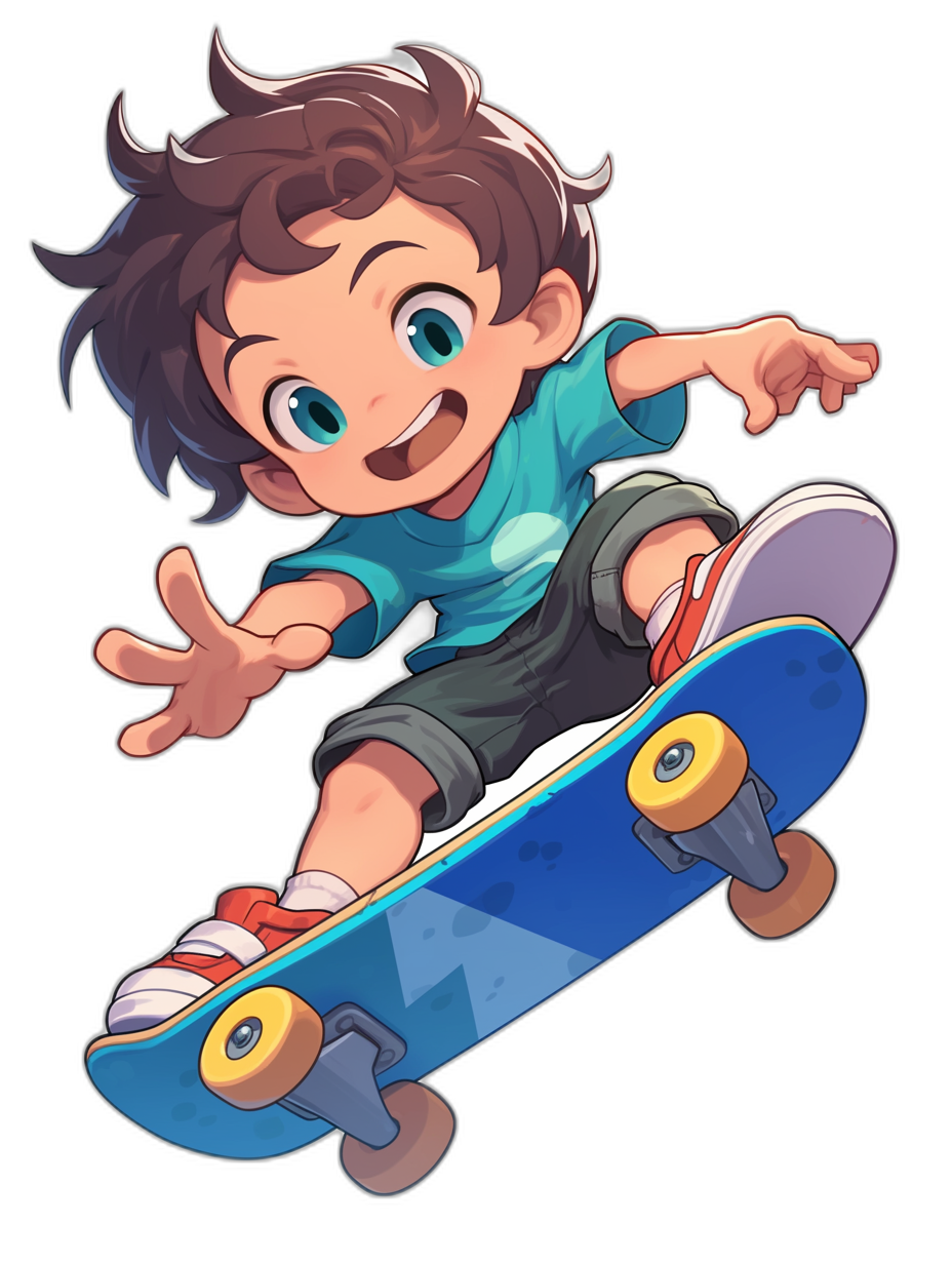 A cute cartoon boy with brown hair is riding on his blue skateboard, jumping and smiling happily. He has bright eyes, wearing short sleeves and shorts in different colors, black background, flat illustration style, simple lines, highend color scheme, highdefinition resolution, 2D game art.