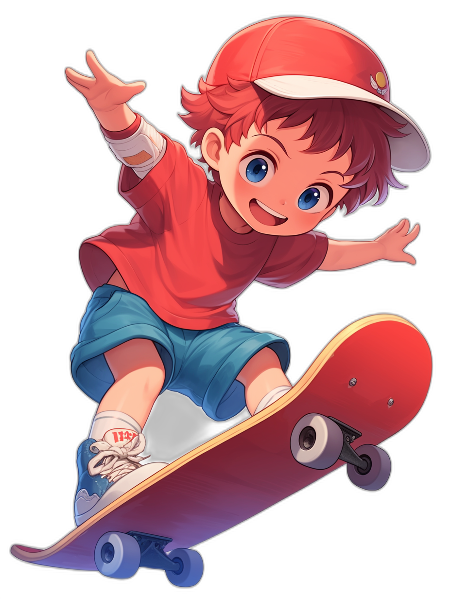 A cute little boy is skateboarding, wearing a red cap and blue shorts, in the style of anime, against a black background, with a cartoon character design, like 2D game art, in a 3/4 view, as a full body portrait, with vibrant colors, in a lively action pose, at a high resolution.