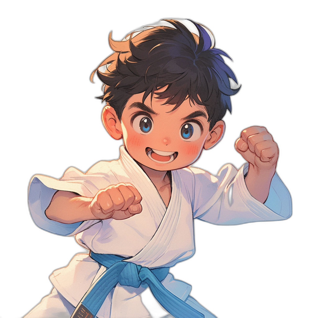 An anime-style illustration of a cute boy in a white karate outfit with a blue belt, striking the air with his hands. The background is black and he has short hair and big eyes. Use vibrant colors to highlight details such as furrowed brows or smiling lips on his face. Make sure that he appears confident while practicing martial arts. Isolated on a solid black background, in the style of an anime artist.