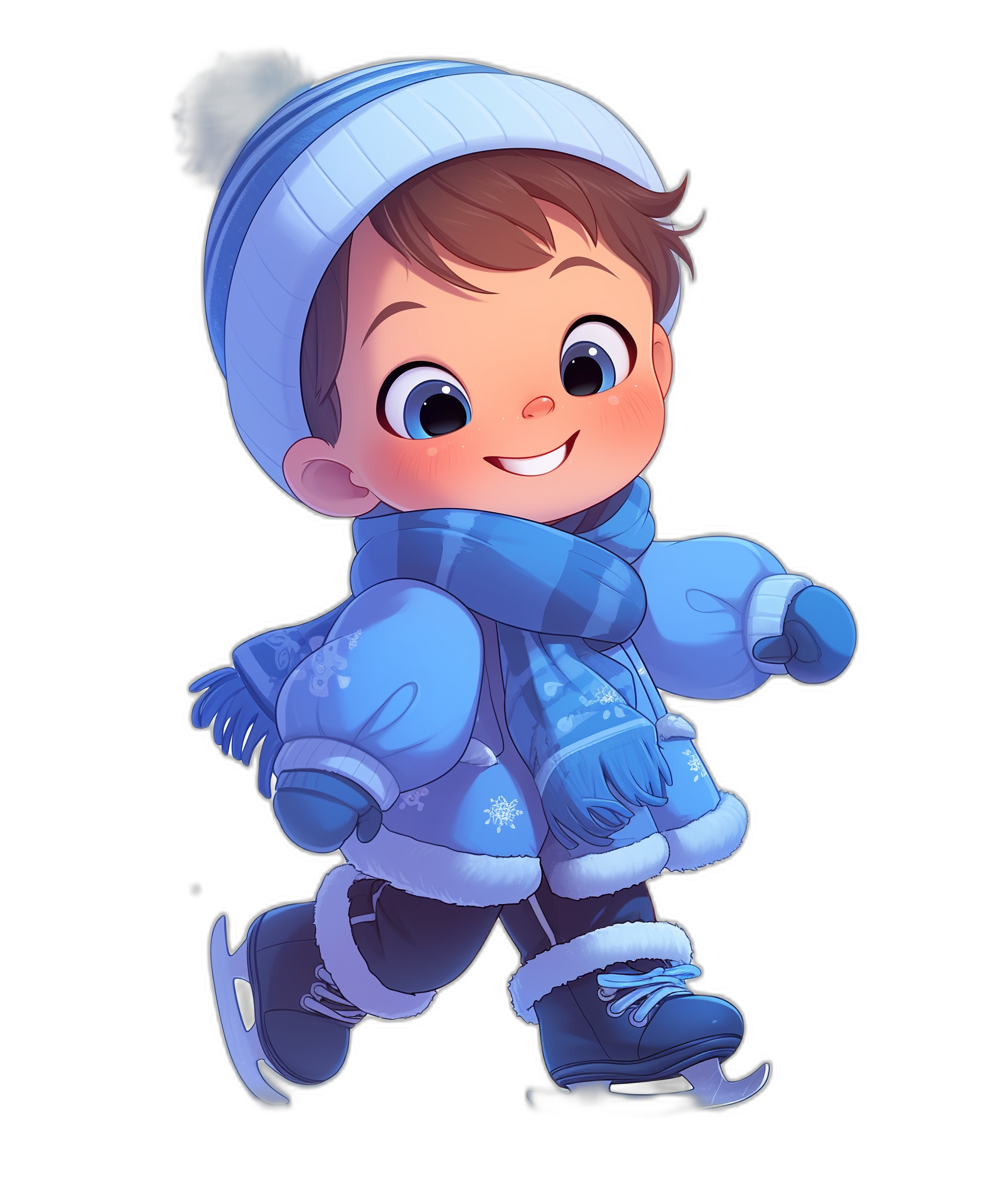 A cute baby boy in blue winter , ice skating on a black background, in a cartoon illustration style with a soft and dreamy atmosphere, in the style of Disney Pixar art with pastel colors and a cute face with big eyes, smiling expression, wearing gloves and a hat, in the style of a cartoon character design, a cartoon portrait as a full body shot.