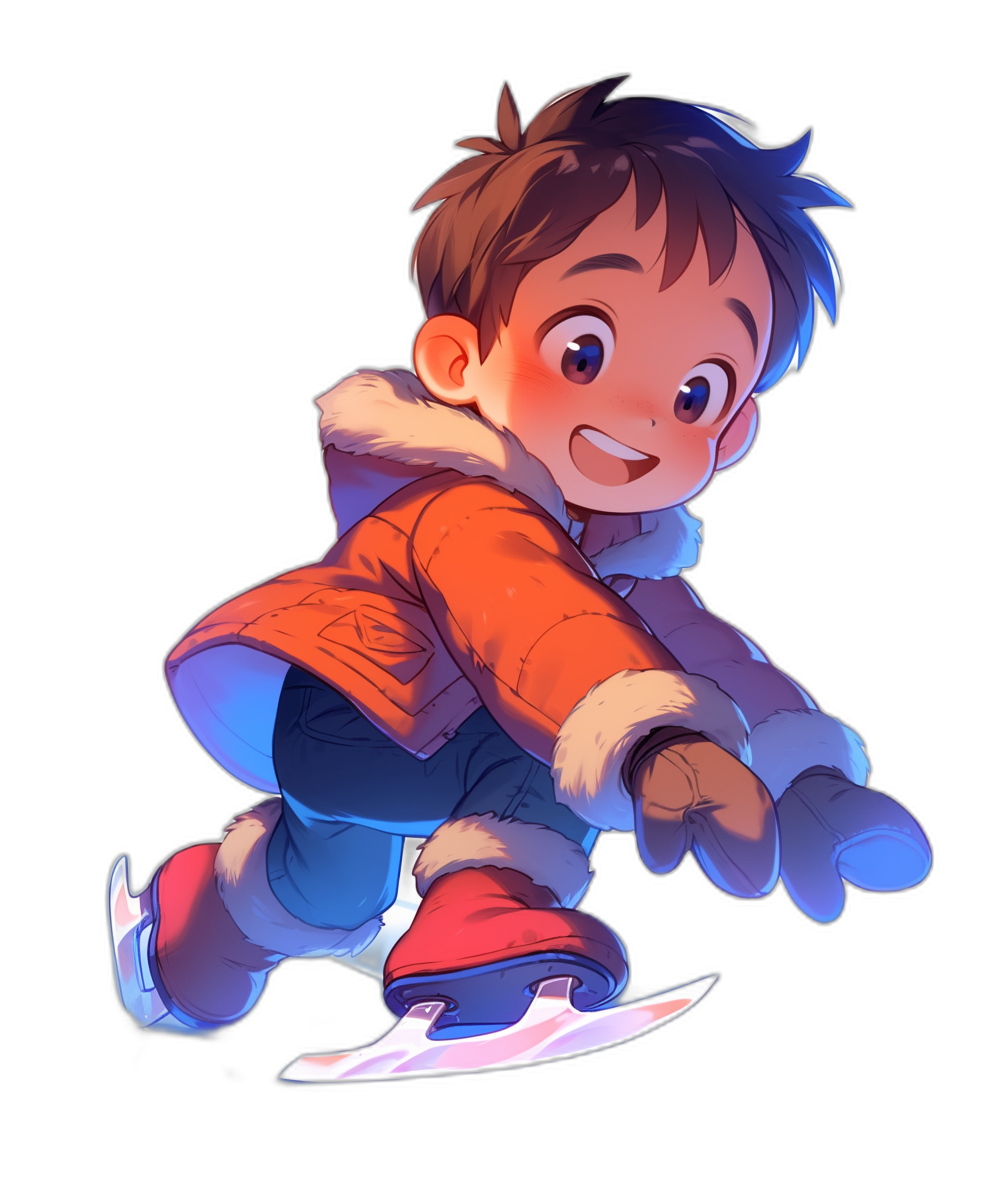 A cute little boy is skating, smiling happily, wearing red shoes and an orange winter jacket with a fur collar in the style of cartoon. He has a black background with a 2D game art style and an anime-inspired character design. It is a full body portrait showing lively action poses with a cartoonish innocence and bold, colorful lines. The boy has short brown hair and blue eyes. He wears dark jeans on his feet. A snowboard lies under the foot of one hand.