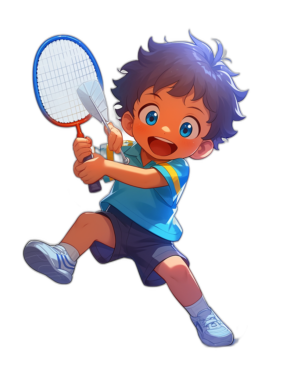 young boy playing badminton, smiling with blue eyes and dark purple hair in the style of anime art character design for a mobile game, black background, wearing white shoes, holding a racket, blue shirt with yellow stripes on the sleeves, black shorts, cartoon character, full body shot, simple design, bright colors, high resolution, 2D game art, simple color palette, high detail