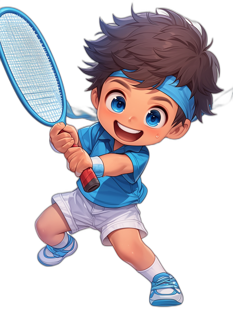 A cute little boy playing tennis, wearing blue and white shorts on his lower body, holding the racket in one hand, smiling happily against a black background. The image is in the vector style and in the style of anime cartoons, with the boy wearing a headband and sneakers in a full body shot. He has big eyes in a chibi character design with bright colors and high resolution.