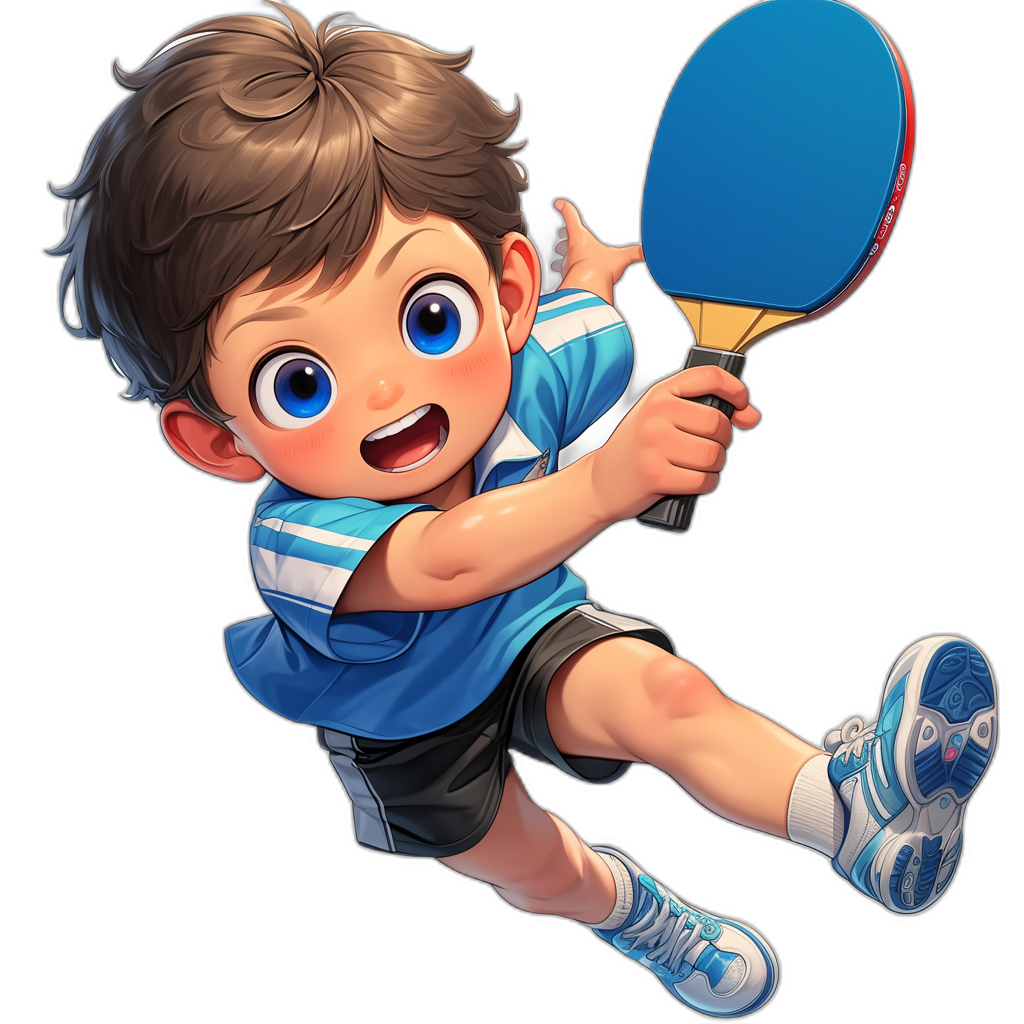 A cute boy with brown hair, blue eyes and white teeth playing table tennis in the style of anime wearing black shorts and a light blue T-shirt, jumping while holding the racket in his hand on a black background, cartoon character design.