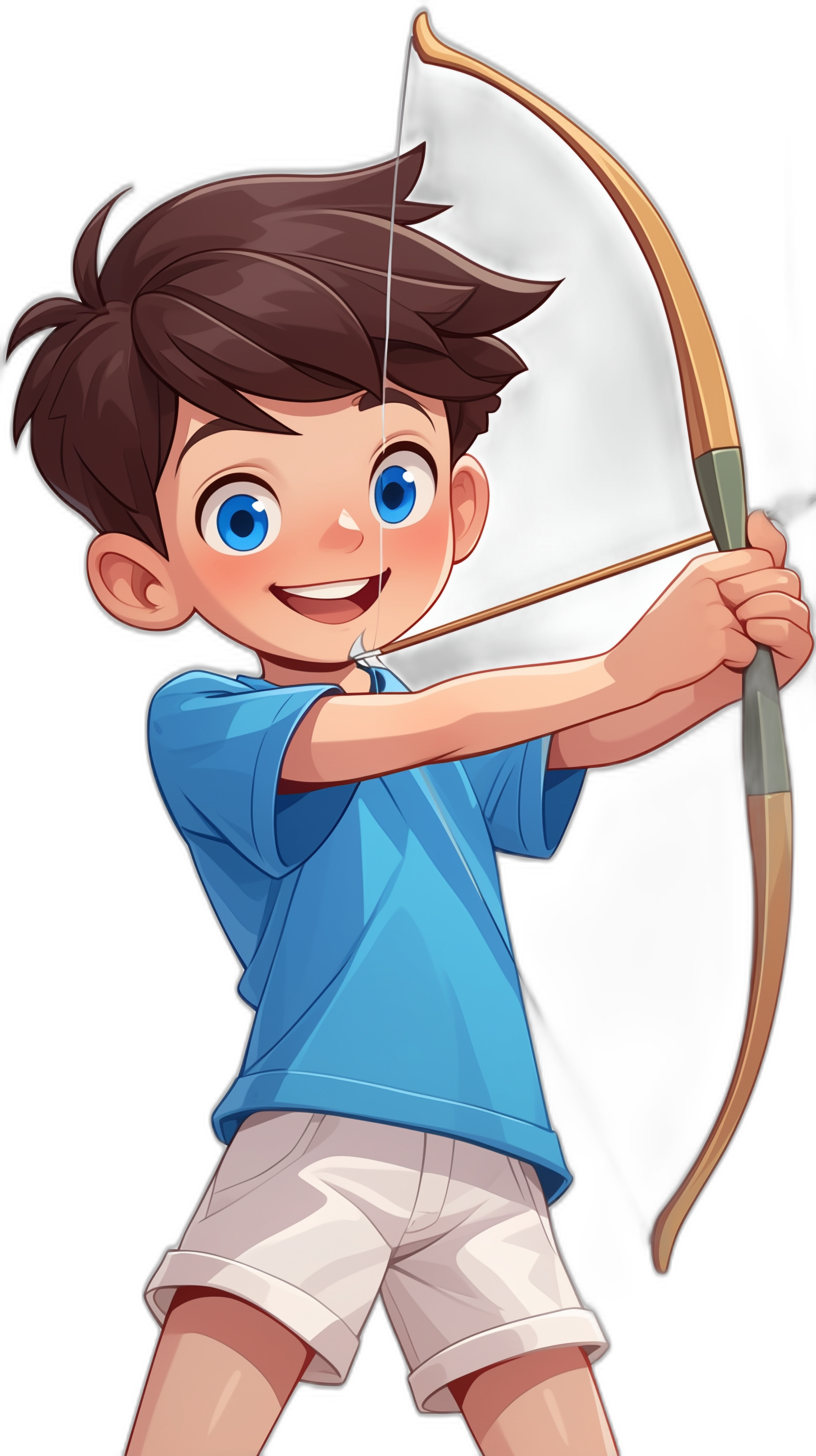 A cute cartoon of an archer boy with blue eyes and brown hair, wearing white shorts and a light blue t-shirt smiling while shooting his bow on a black background. The art style is 2D game art with cartoon realism. The character designs are bold with dark gray and amber colors against simple backgrounds.