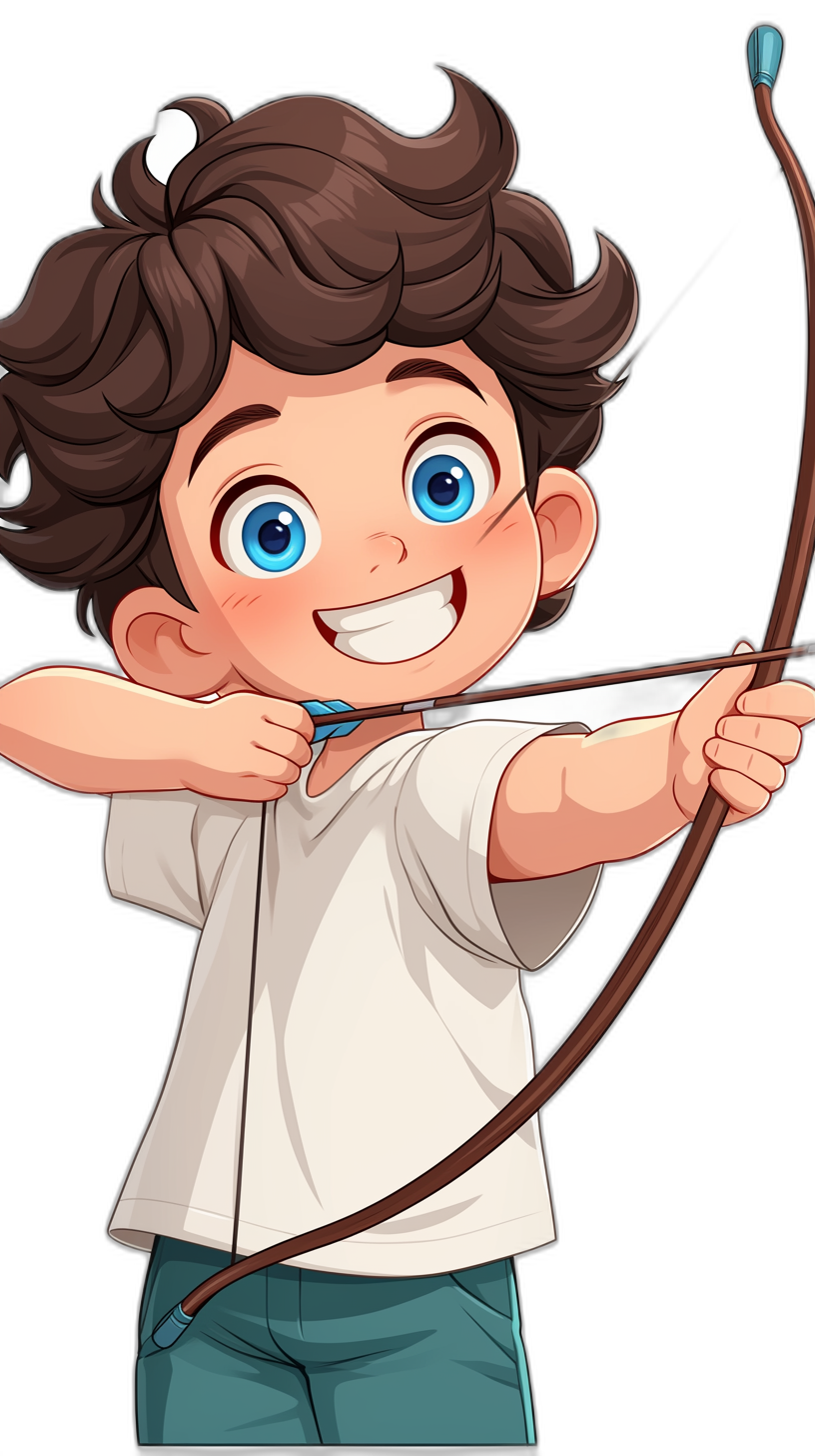 Cute cartoon boy with dark brown hair, blue eyes and white tshirt smiling while holding bow in hand shooting arrows, black background, vector illustration, full body portrait, high resolution, 2D art style, digital art, high detail, high quality, high resolution, professional photography, sharp focus, depth of field, happy face, cartoon style, childlike innocence and charm, colorful animation stills, expressive comics, 3d rendering, soft lighting, solid color backgrounds, bold lines, bright colors, cute characters.