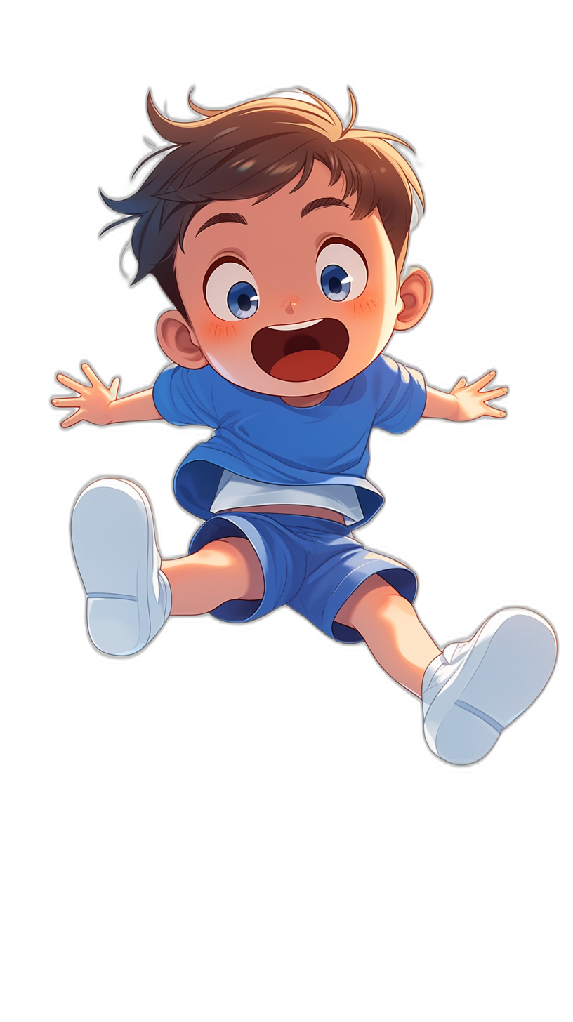 Cute cartoon boy in a blue t-shirt and shorts, white shoes jumping on a black background, smiling with big eyes and brown hair, in the style of Pixar.