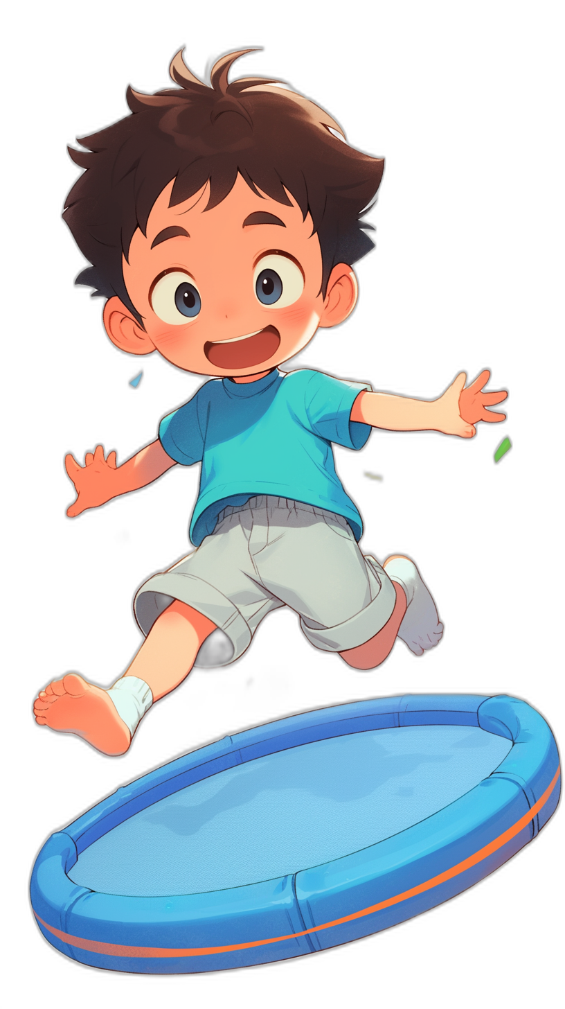 A cute little boy is jumping on the trampoline, wearing a light blue short-sleeved shirt and gray shorts with black hair, smiling happily. The background is simple. The characters are in the style of Japanese anime with colorful cartoon costumes. The  features colorful dark colors. It is a flat illustration with bold lines and high-end color matching on a pure black background with high definition resolution and high detail for super clear details.