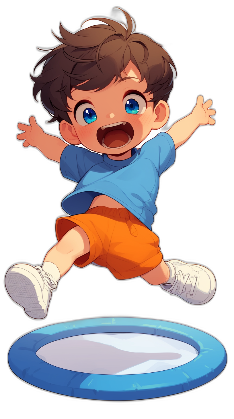 A cute little boy is jumping on the trampoline, with brown hair and blue eyes, wearing orange shorts and white shoes, in the style of anime, black background, 2D flat illustration, cartoon character design, full body shot, high resolution, high detail, high quality, high definition image.