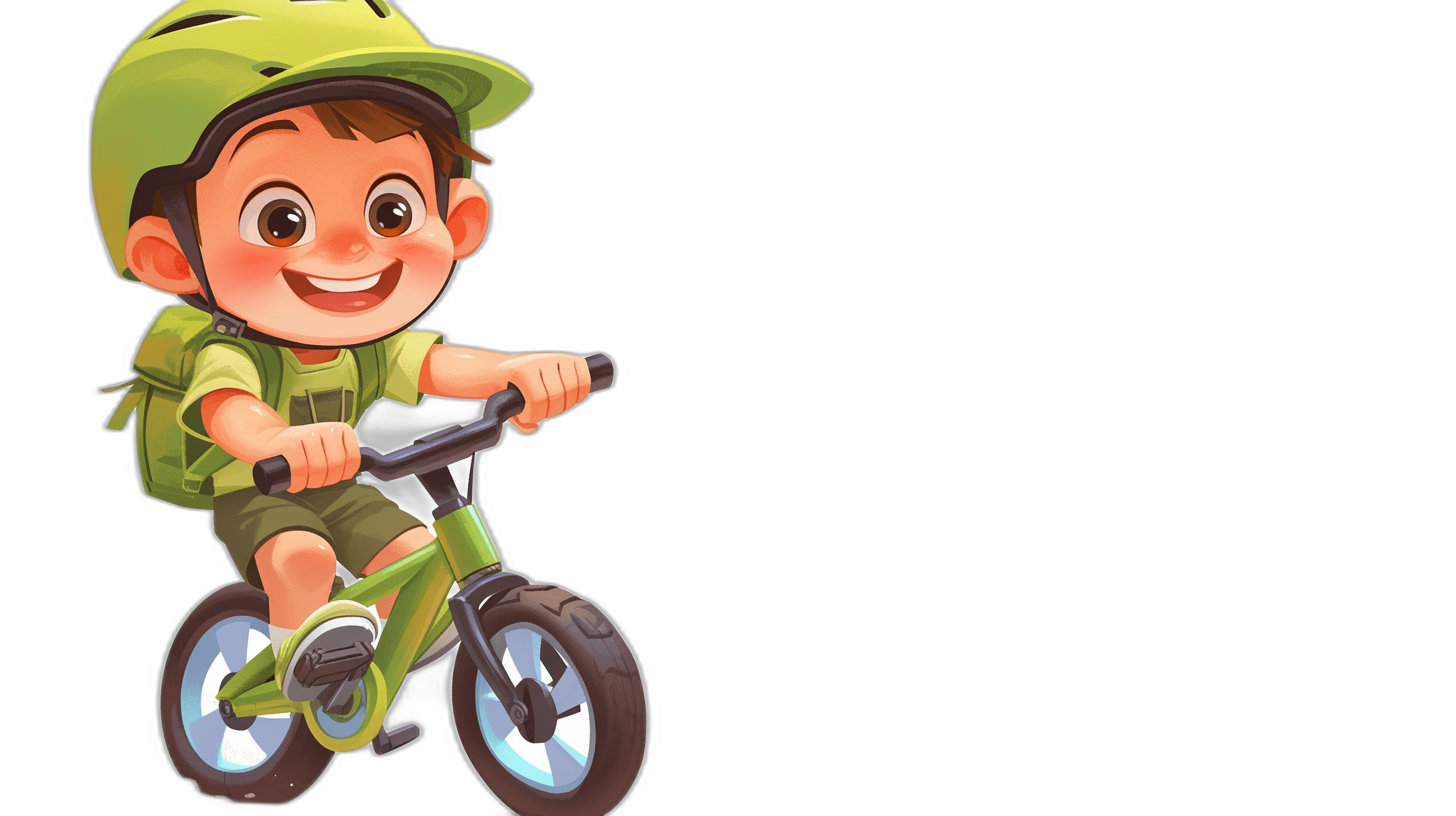 A cute cartoonstyle boy riding on the balance bike, wearing green helmet and uniform with backpack, smiling face expression, simple black background, colorful, high resolution,