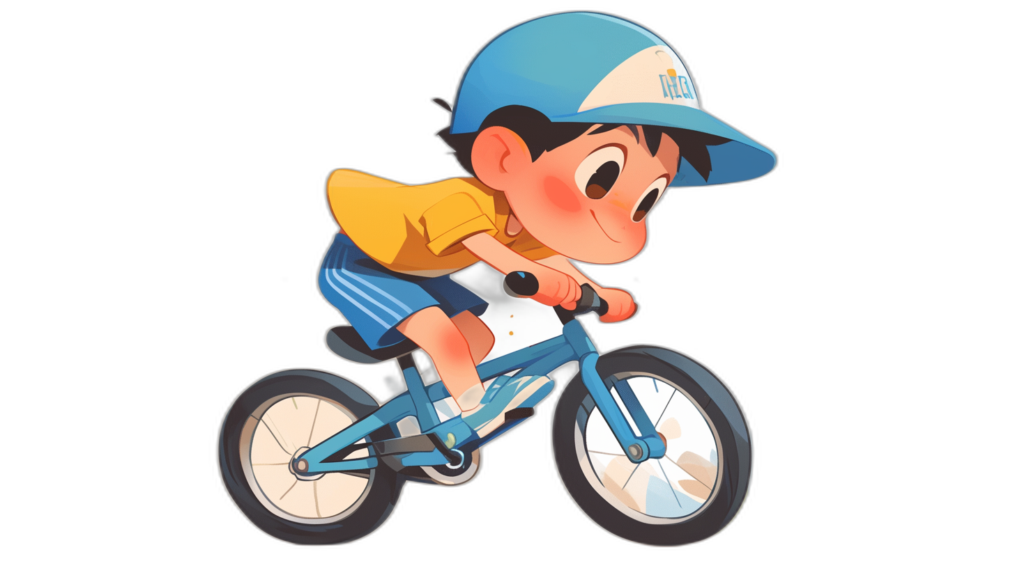 A cute boy is riding his bike in a cartoon style illustration with a black background. The character has short hair and wears blue shorts, white socks, a yellow shirt and a cap on his head. He rides the bicycle from a front view. His eyes have large eyelashes that reflect light, giving him an adorable expression. A full body shot of a young anime man as a mascot for kids sport logo design. Vector art sticker print ready to cut out. Vector illustration. Isolated on a Black Background.