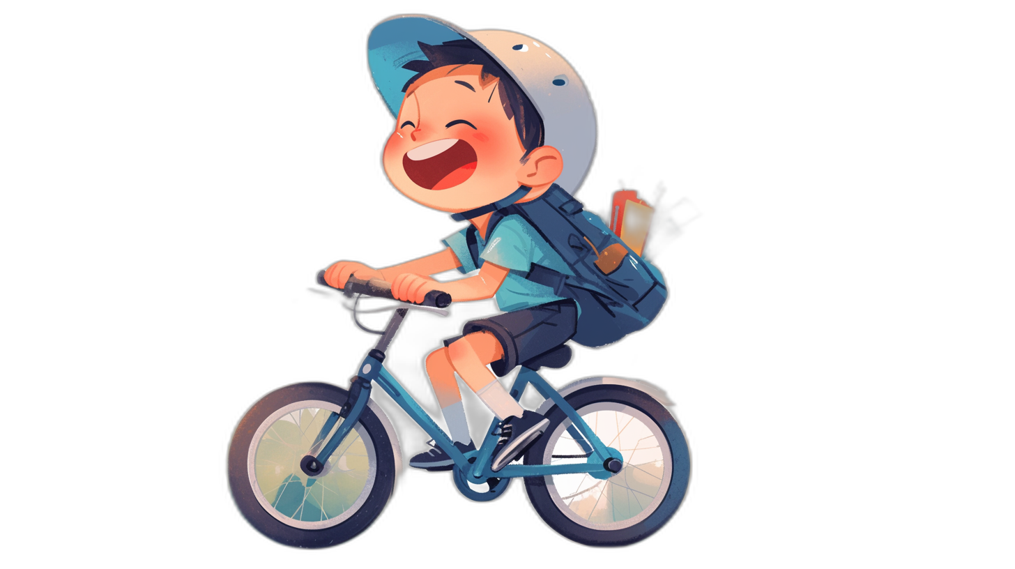 A cute cartoon boy riding his bike, laughing with an open mouth and wearing shorts and a blue T-shirt, black background, simple style, flat illustration, colorful animation stills, light sky blue and dark gray, children’s book illustrations in the style of lighthearted cartoons.