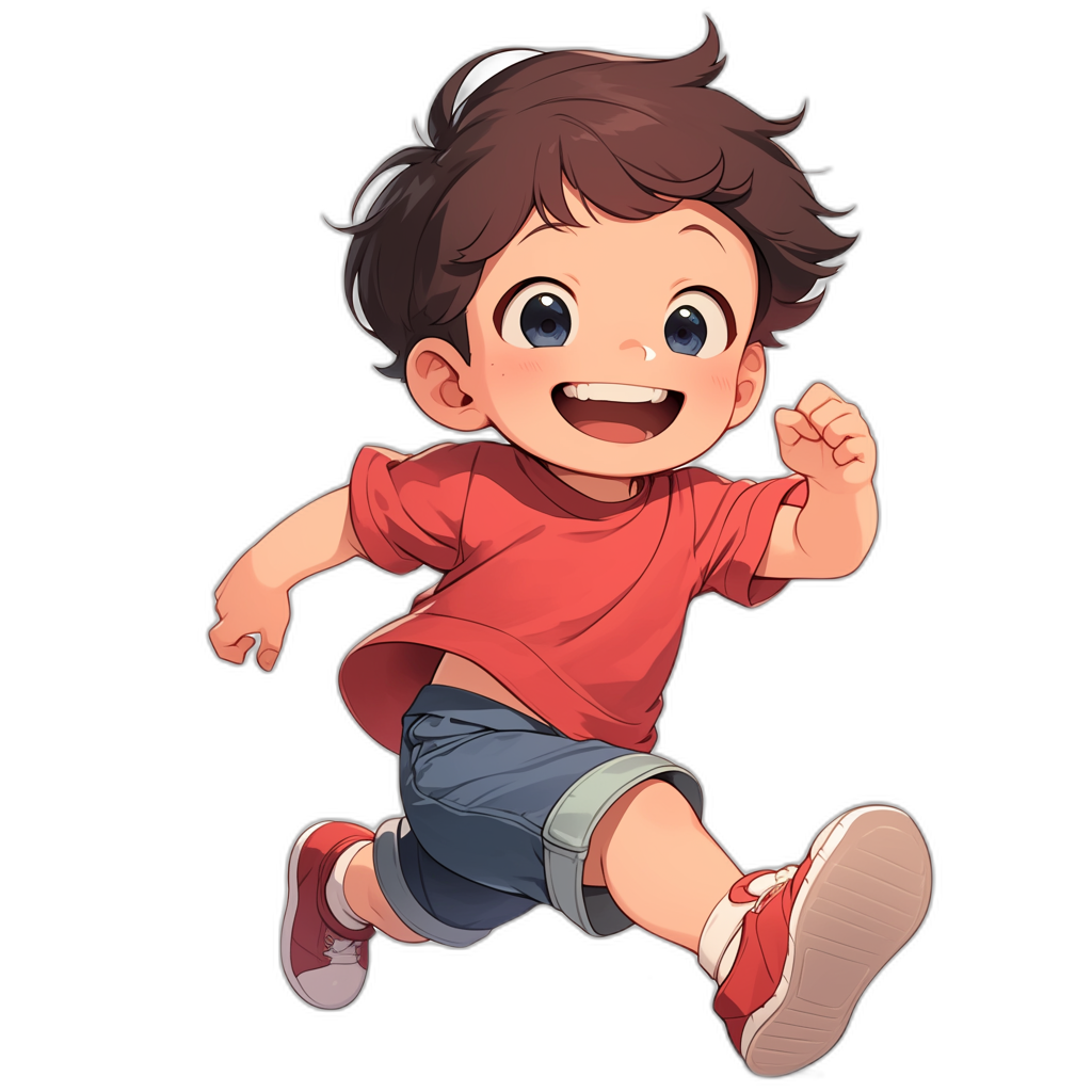 A cute little boy with brown hair, wearing red short sleeves and blue shorts is running happily in the air, smiling face, in the style of cartoon, black background, in the style of anime.