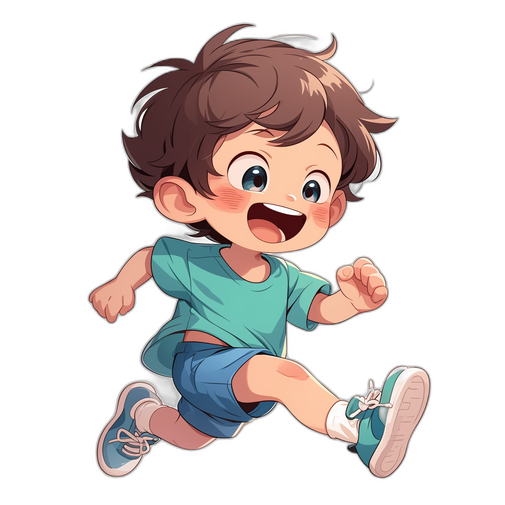 A cute little boy with brown hair, wearing blue shorts and a green t-shirt is running towards the camera in the style of an anime illustration on a black background. The character has big eyes and a smiling mouth, exuding joy as he runs forward with his right foot raised up high behind him. He wears sneakers that match his shirt color, adding to his playful appearance. This scene captures a moment of happiness or playfulness, making it suitable for various creative projects like graphic design or digital art, with a focus on the face.