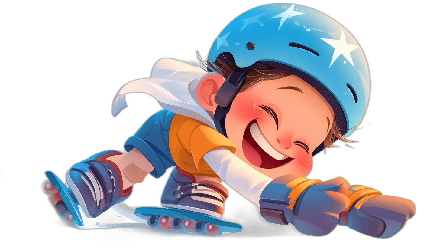 A cute cartoon character illustration of an happy baby boy wearing blue helmet and roller skating, smiling with teeth smile while rolling on the ground. The overall mood is cheerful and joyful, with soft lighting to highlight his features against black background in style of children’s book illustrations