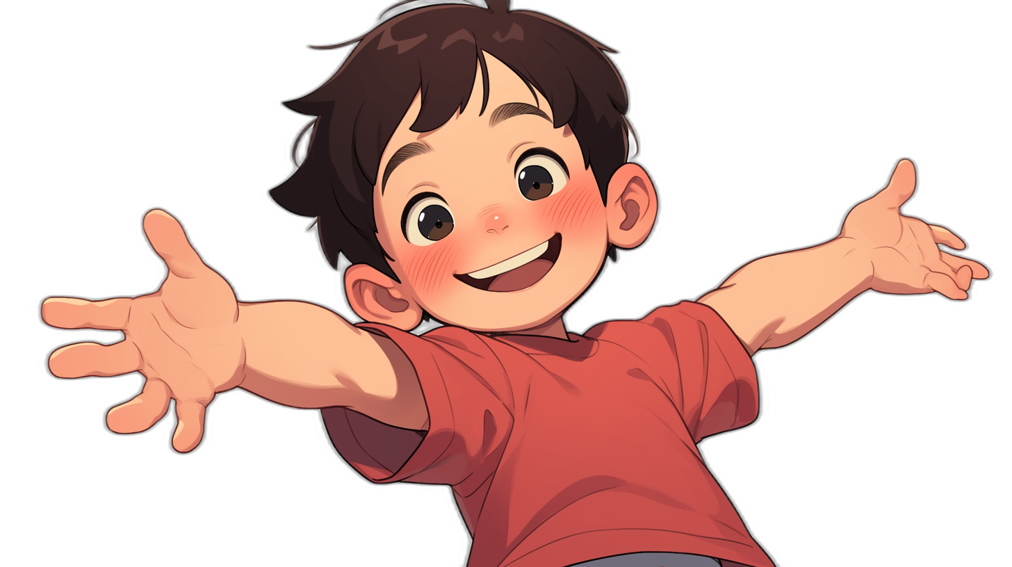 A cute boy with a happy expression, hands raised to the sky, smiling face, wearing red short sleeves and jeans against a black background in the cartoon style of Japanese animation. In the style of [Makoto Shinkai](https://goo.gl/search?artist%20Makoto%20Shinkai)’s artistry and [Studio Ghibli](https://goo.gl/search?artist%20Studio%20Ghibli).