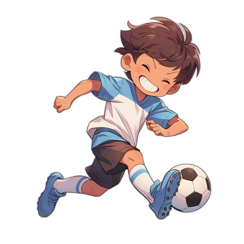 A cute little boy is playing football, smiling happily with his head tilted to one side and wearing blue shoes on a black background in the style of an anime character design. The  features a white short sleeves with a dark brown shorts underneath. He has an illustration style with simple lines and bright colors, showcasing lively movements while kicking the ball. A cartoonlike drawing captures his cheerful expression as he plays soccer. Anime Style, Cartoon Character Design, Black Background.