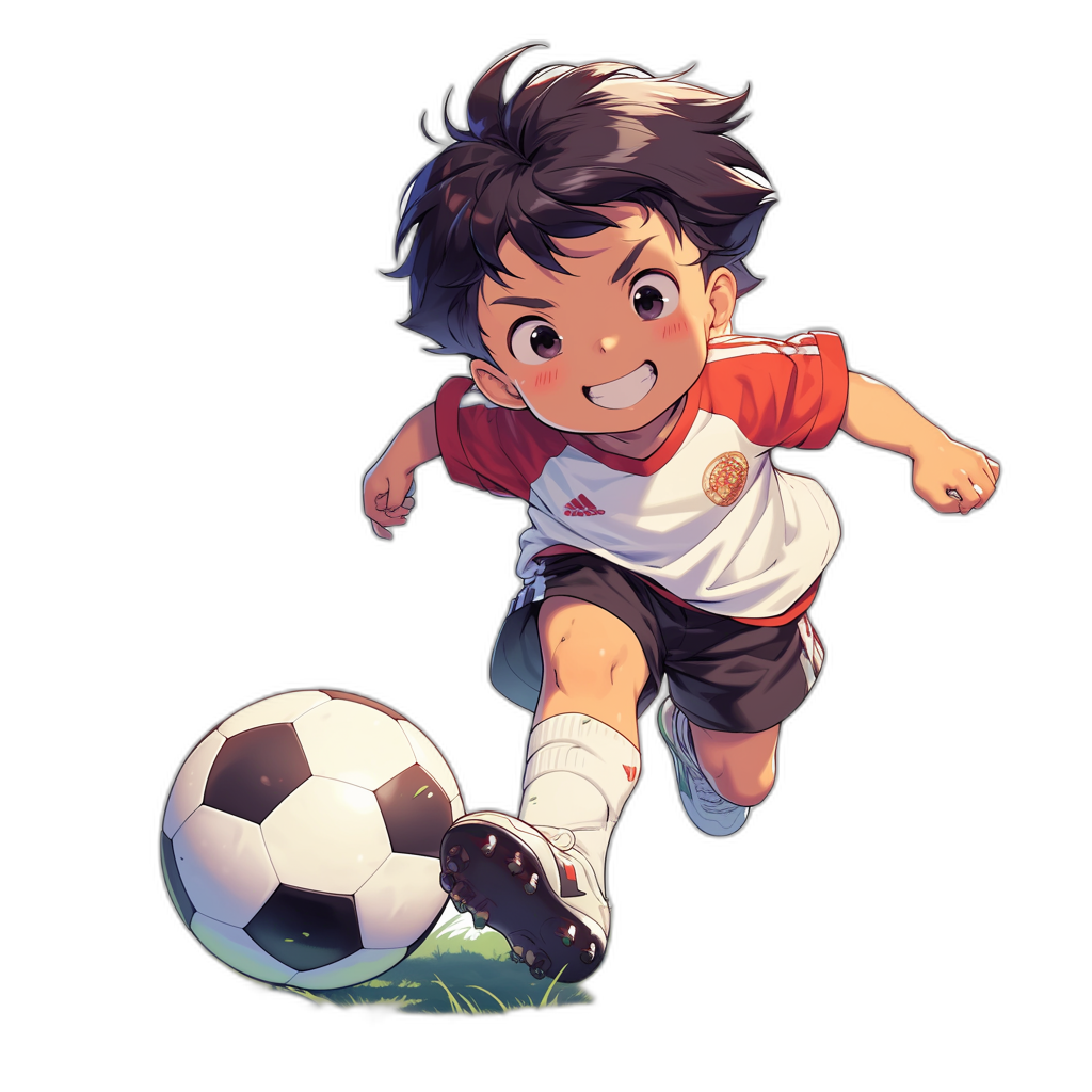 A cute little boy is kicking a soccer ball, wearing a white and red short-sleeved shirt with black shorts underneath. He has dark brown hair and big eyes, smiling happily as he plays football. The background of his character’s illustration features solid colors, with no shadows or light effects on it. Black background. The style is in the style of Japanese anime.