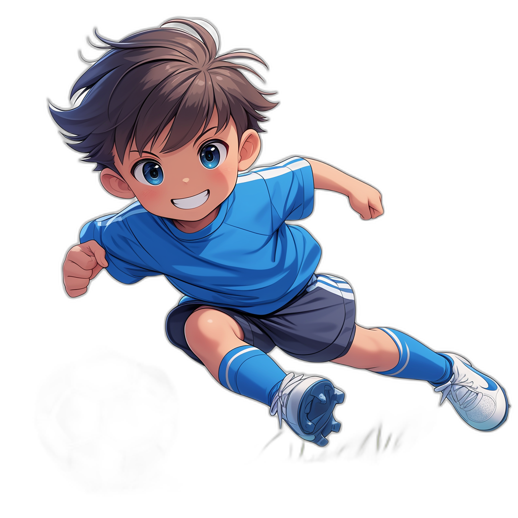 A cute little boy in a blue soccer jersey, shorts and white shoes is jumping on a black background. The illustration style should be anime-inspired with vibrant colors and detailed textures. He has short brown hair and big eyes. A plain dark solid color backdrop will add depth to the character’s expression and movement. The overall mood of his pose conveys joy or excitement as he playfully jumps up. in the style of [Hayao Miyazaki](https://goo.gl/search?artist%20Hayao%20Miyazaki).