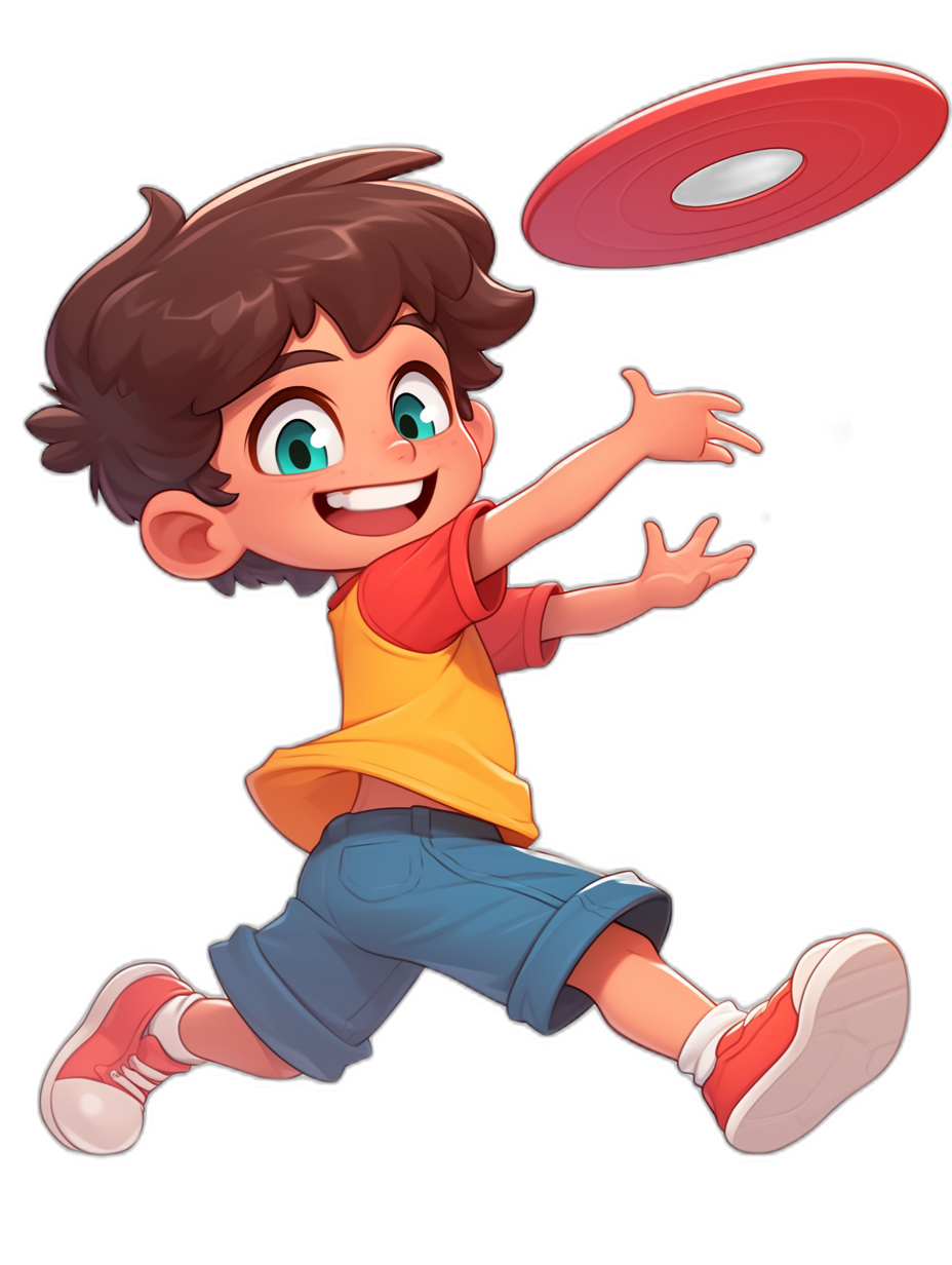 A boy is playing frisbee, cartoon style, simple drawing, colorful , flat color illustration, black background, cartoon character design, Disney Pixar animation, cartoon character design, high resolution, high detail, high quality, high definition, high focus, high sharpness,,in