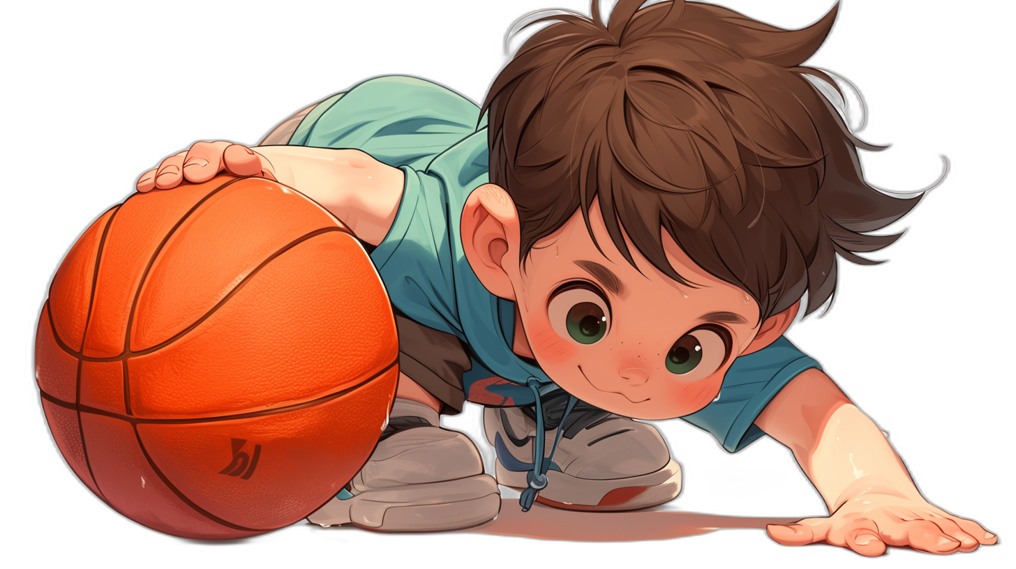 A cute little boy with brown hair and green eyes is playing basketball, leaning over to pick up the ball from his hand on a black background in the style of anime. The character has an adorable expression as he leans down towards the basket holding onto one of its sides. He wears blue shorts with white stripes along them and sneakers that rest at an angle near him, adding depth to the scene. His overall appearance exudes cuteness while also showcasing movement associated with sports activity.