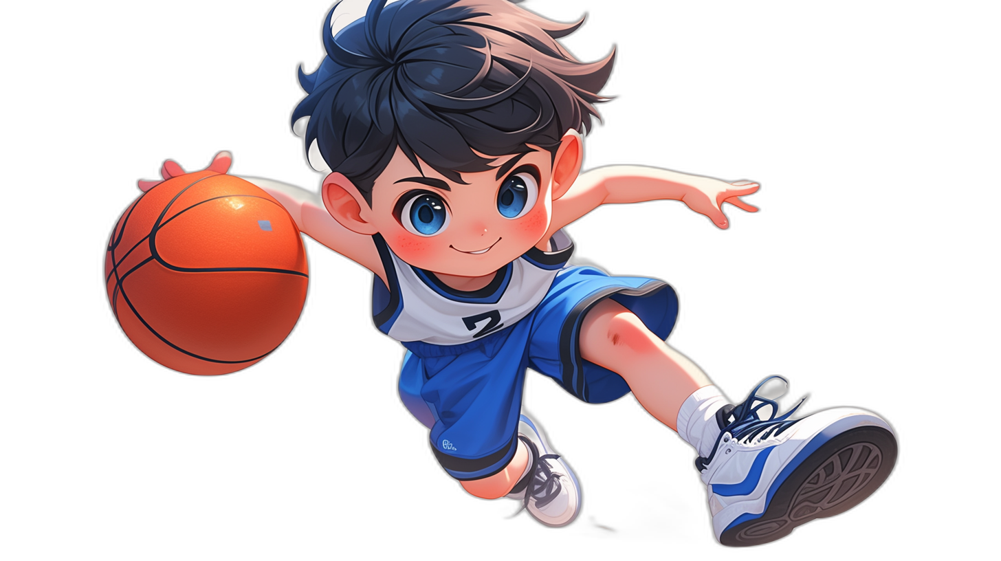 A cute boy in a blue and white basketball uniform playing basketball against a black background in the style of anime, in a 2D game art style, jumping in an action pose with a cute cartoon character design. The image is high quality, high resolution, and high detail with a full body shot and closeup of the face.