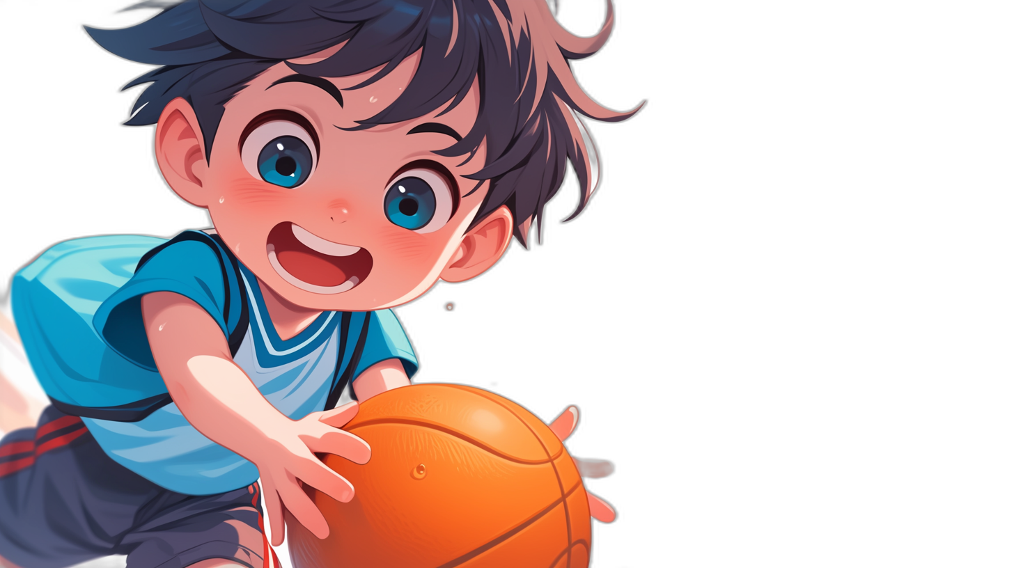 Cute cartoon boy playing basketball, smiling expression, black background, flat illustration style, simple lines and shapes, colorful palette, high saturation, closeup of the character’s face, holding the ball in his hands with both hands. The little painter has blue eyes and short hair wearing sports , in focus, in the style of Japanese anime.