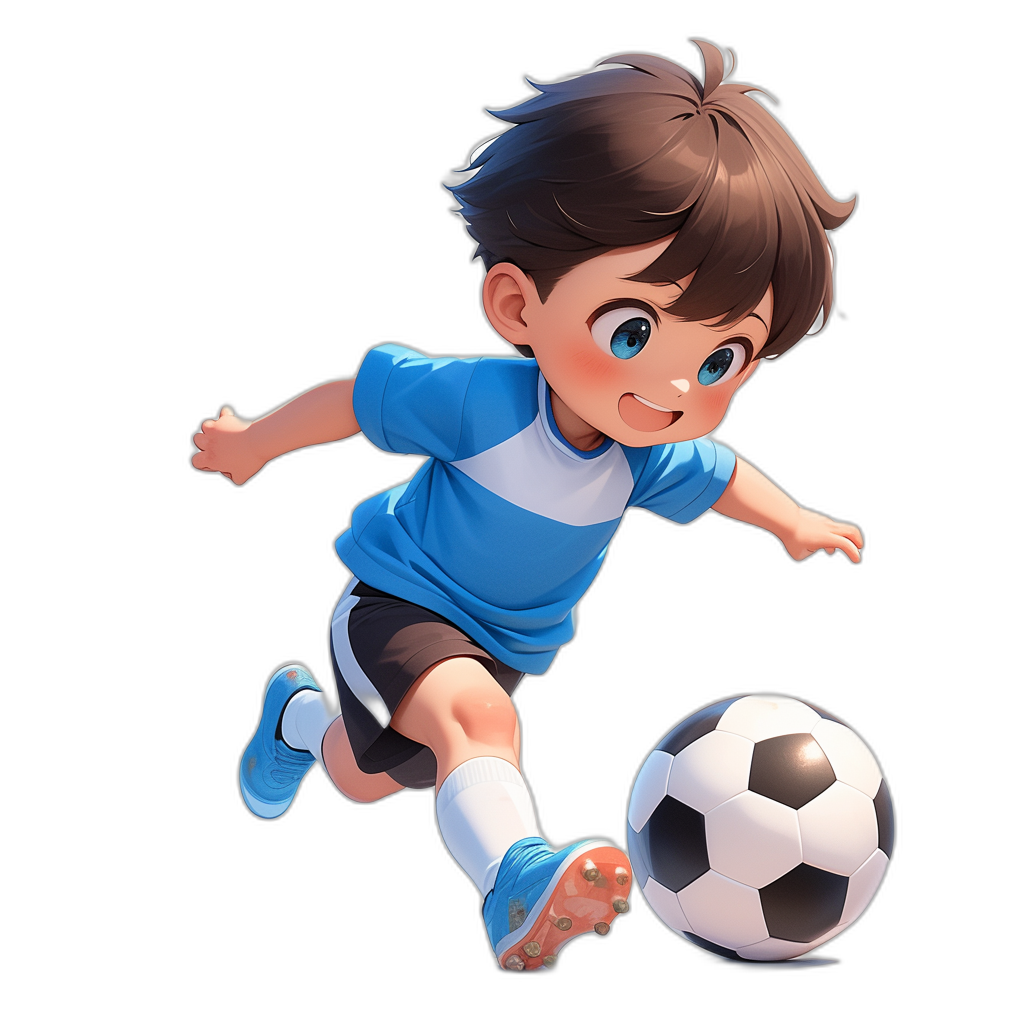 Cartoon character, little boy with brown hair and blue eyes wearing a soccer uniform playing football on a black background, 3D rendered in the style of Disney Pixar animation, full body portrait in the style of a game icon.