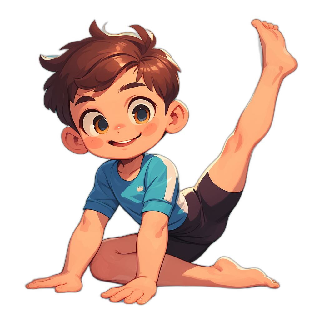 chibi boy doing yoga, brown hair and blue eyes, black background, wearing sports shorts with white stripe on side of leg, smiling