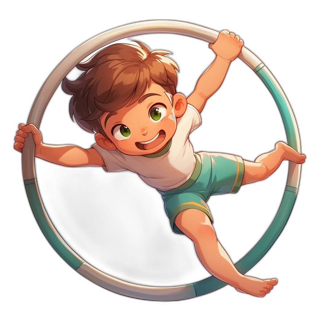 A cartoon boy with brown hair and green eyes is hanging on the edge of an acrobatic hoop. He is wearing a white t-shirt and blue shorts. The art style is of a 2D game with detailed character illustrations in a subtly realistic and colorful caricature style against a black background showing his full body.