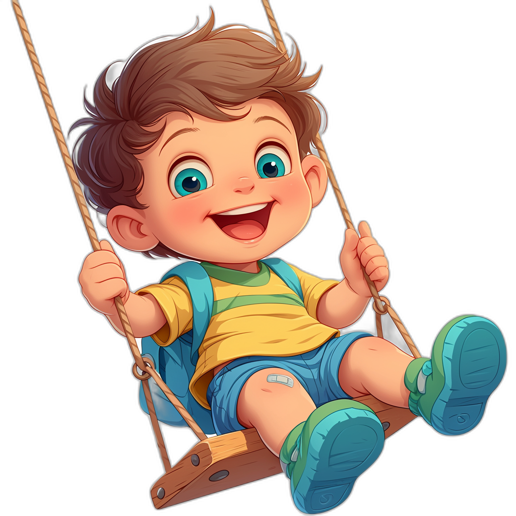 Cute cartoon style baby boy sitting on a swing, smiling with big eyes and open mouth, wearing blue shorts and a yellow t-shirt. The  is colorful with a black background. It is a detailed illustration with a playful character design in the style of Pixar animation. The image is high resolution with bright colors and high detail.