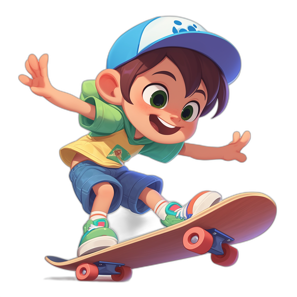 A cartoon boy wearing a blue and white baseball cap, a green shirt with short sleeves, orange shorts, and pink shoes is skateboarding on a skateboard. He has big eyes and dark brown hair. The background is black. The style is similar to Pixar. The character should be shown in a full body view.