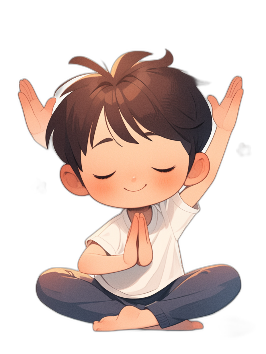 A cute little boy doing yoga, with hands together in a prayer pose, in the cartoon style with simple lines on a black background, with a chibi character design, in high resolution and high quality as a full body portrait, wearing a white t-shirt and blue pants with a happy expression and studio lighting with soft, warm colored lighting on a solid color background.