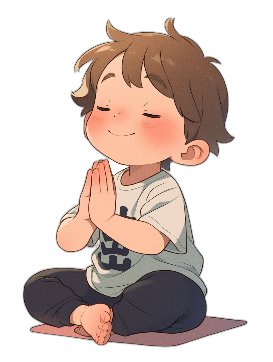 A cute baby boy doing yoga in the style of chibi, flat design, simple illustration, black background, cute and adorable, with hands clasped together in a prayer pose, wearing a t-shirt and navy blue pants, smiling, sitting on the ground with his legs crossed behind him, hands folded in front of his chest praying to god.