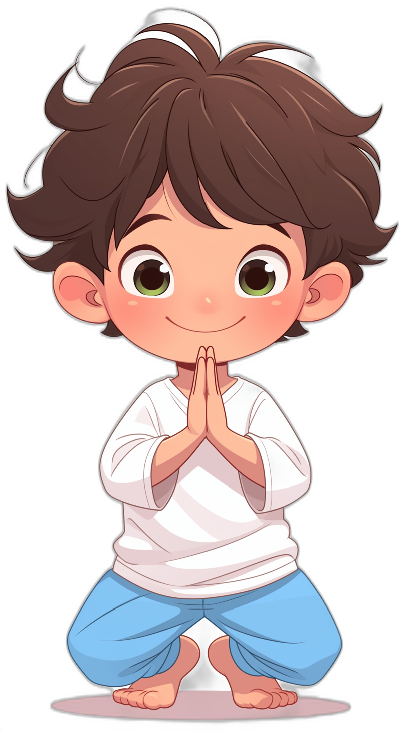 A cute little boy with dark brown hair, big eyes and a white t-shirt doing a yoga pose on a black background in a chibi anime style. The character is smiling and wearing blue pants. He has his hands clasped together in front of him as if he’s praying or saying something to someone. His posture suggests that the person he sees is at an angle from behind. In the style of digital art.