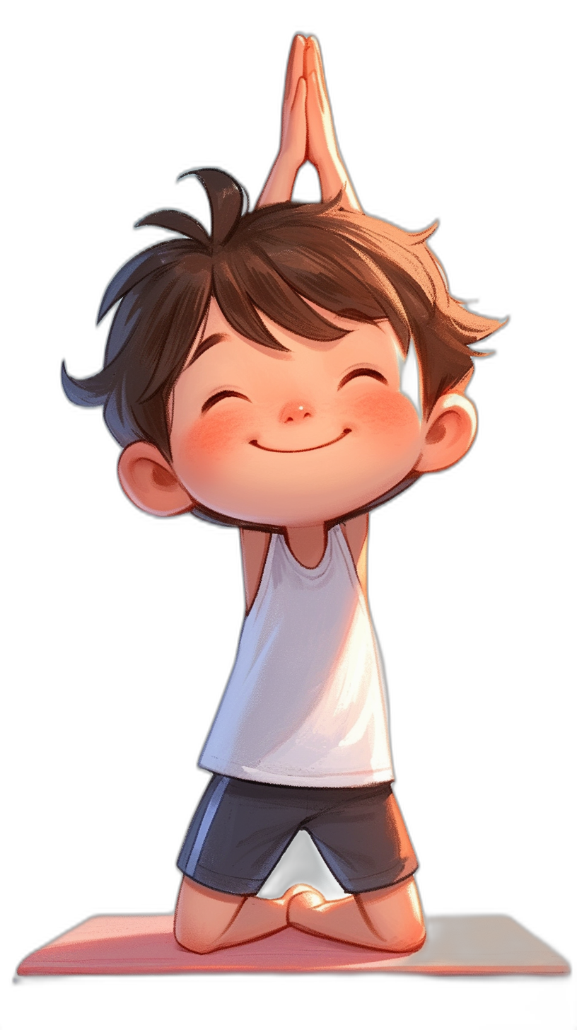 Cute cartoon boy doing yoga with a happy expression against a black background in a high definition, cute and colorful, high resolution style similar to Disney illustrations.