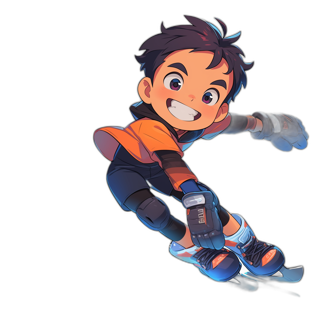 A cute cartoon boy with black hair, wearing rollerblades and smiling at the camera. He is depicted in the style of anime with vibrant colors against a pure solid background. The character has detailed facial features including big eyes and expressive eyebrows that give him depth of emotion. His outfit includes a bright orange shirt and navy blue pants with white accents on his shoes, which glow slightly from within. Black background.