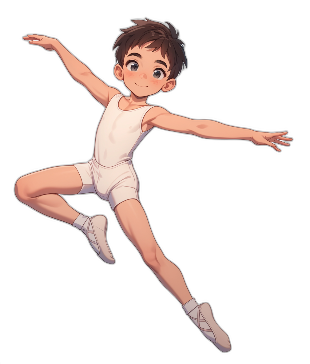 anime illustration of a young boy in white leotards and ballet shoes, with short brown hair, in a jumping pose against a black background, in the style of an anime artist.