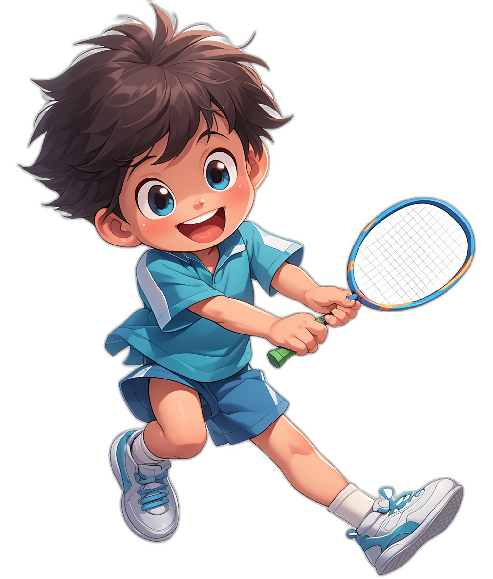 A cute little boy playing badminton, smiling happily with his eyes wide open and holding the racket in both hands. He is wearing blue shorts and white shoes on a black background, in the style of Japanese anime, with a Qversion cartoon character design featuring colorful  and bright colors at a high definition resolution and high quality.