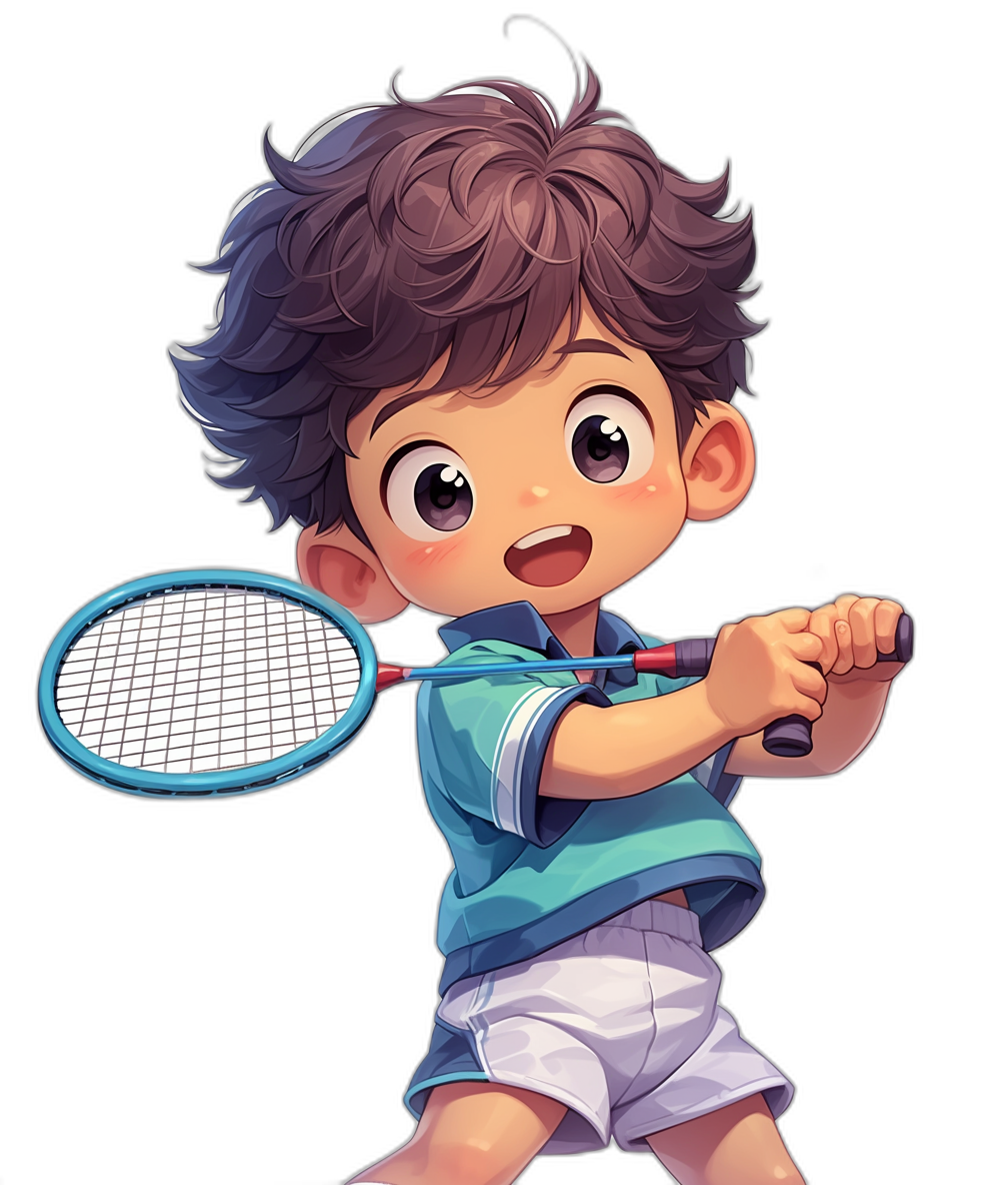 A cute little boy playing badminton in the style of anime, with a character design, on a black background, with short hair, wearing blue and white , with bright eyes, holding a racket in his hand.