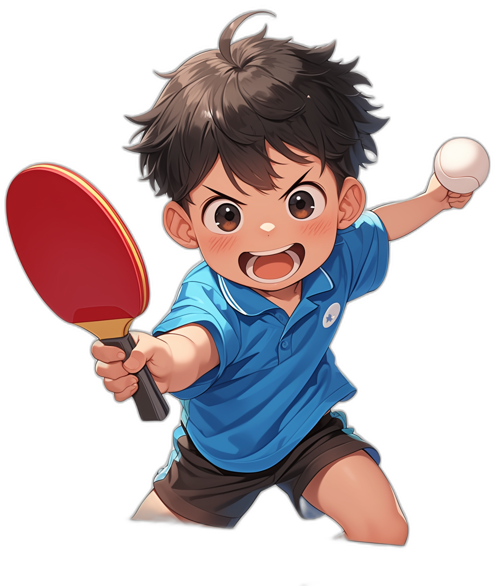 a cute boy playing table tennis, wearing blue shirt and black shorts with brown hair in the style of anime art on solid background. He is holding red tablet player’s racket and white ball ready to hit it., The character has an excited expression on his face, he wears navy color tshirt , The illustration should have vibrant colors, animestyle. The lighting effect will highlight facial expressions and create depth in the scene.