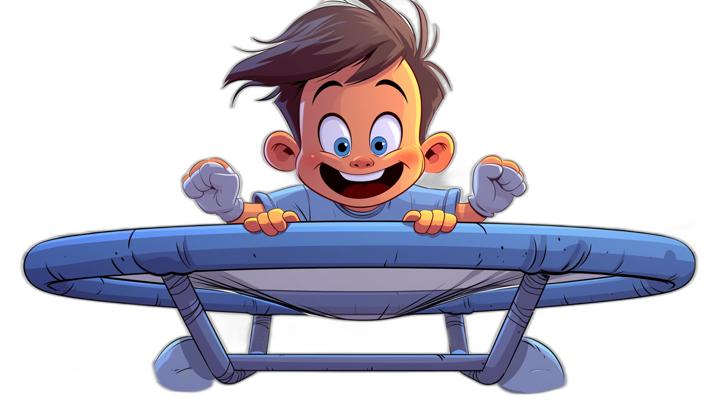 A cartoon boy is sitting on top of an electric blue trampoline, he has short brown hair and big eyes with white eyelashes smiling. Black background. The illustration should be in the style of Pixar art. The trampoline’s surface must be flat without any texture. The entire scene should convey the concept of fun and excitement in a playful manner suitable for all ages. It’s time to jump! Make it look like vector graphics.